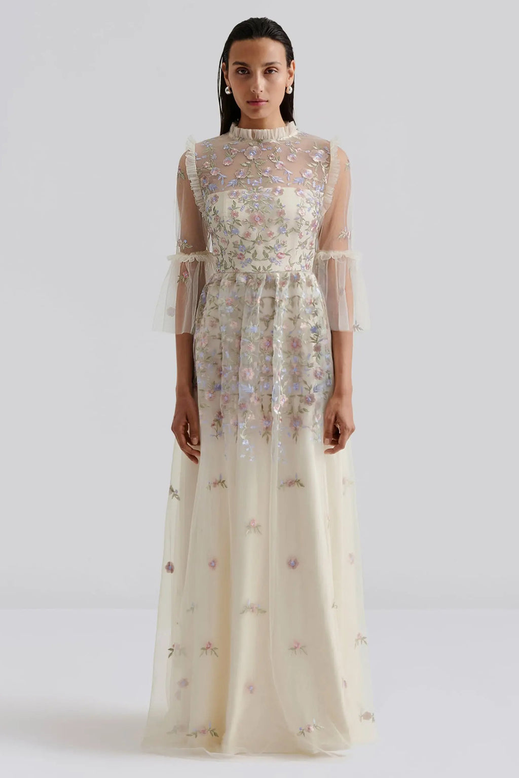 Malina 12247777 cream lace embroidered maxi dress at No19 Boutique