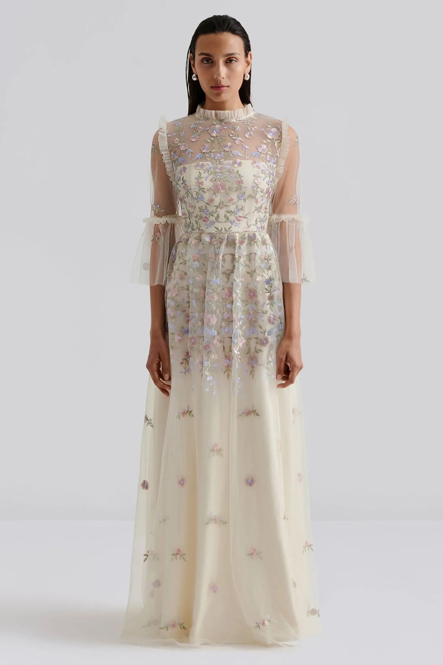 Malina 12247777 cream lace embroidered maxi dress at No19 Boutique