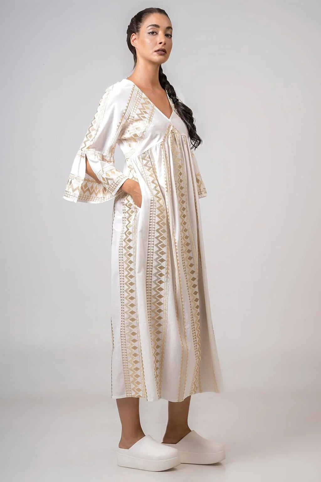 Aether 2670.92645 white gold embroidered midi dress at No19 Boutique