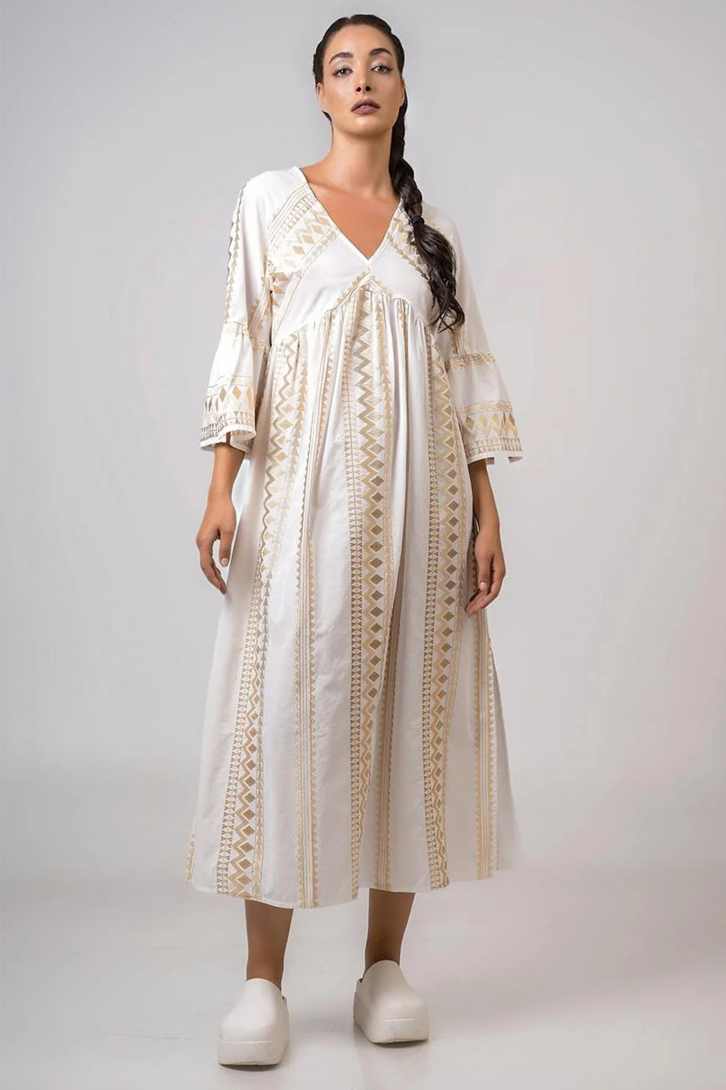 Aether 2670.92645 white gold embroidered midi dress at No19 Boutique