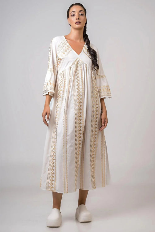 Aether 2670.92645 white gold embroidered midi dress at No19 Boutique