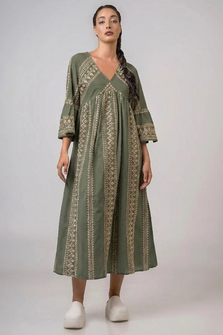 Aether 2670.92645 khaki gold embroidered midi dress at No19 Boutique