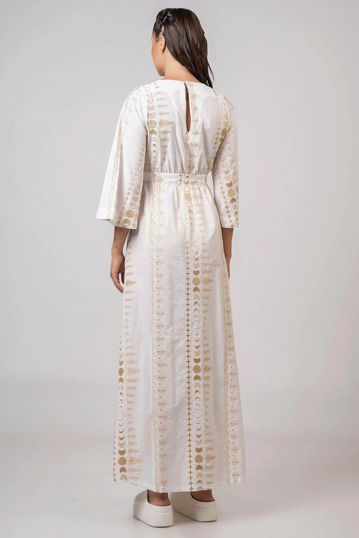Aether 2670.92691 white gold celestial print maxi dress at No19 Boutique