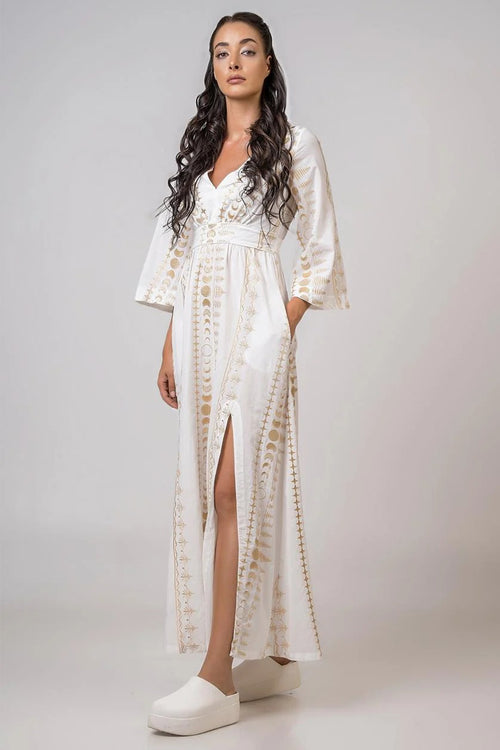 Aether 2670.92691 white gold celestial print maxi dress at No19 Boutique