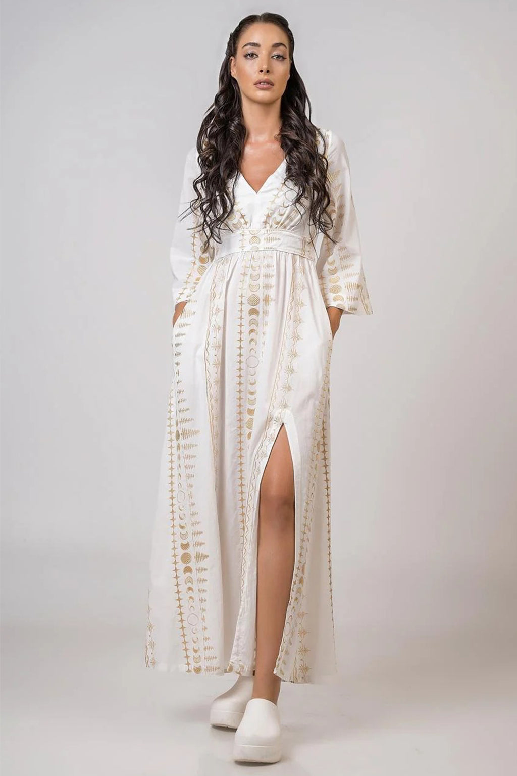Aether 2670.92691 white gold celestial print maxi dress at No19 Boutique