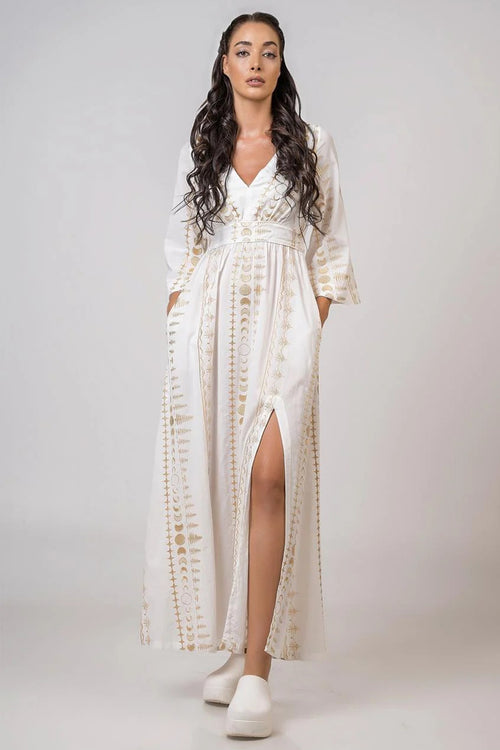 Aether 2670.92691 white gold celestial print maxi dress at No19 Boutique