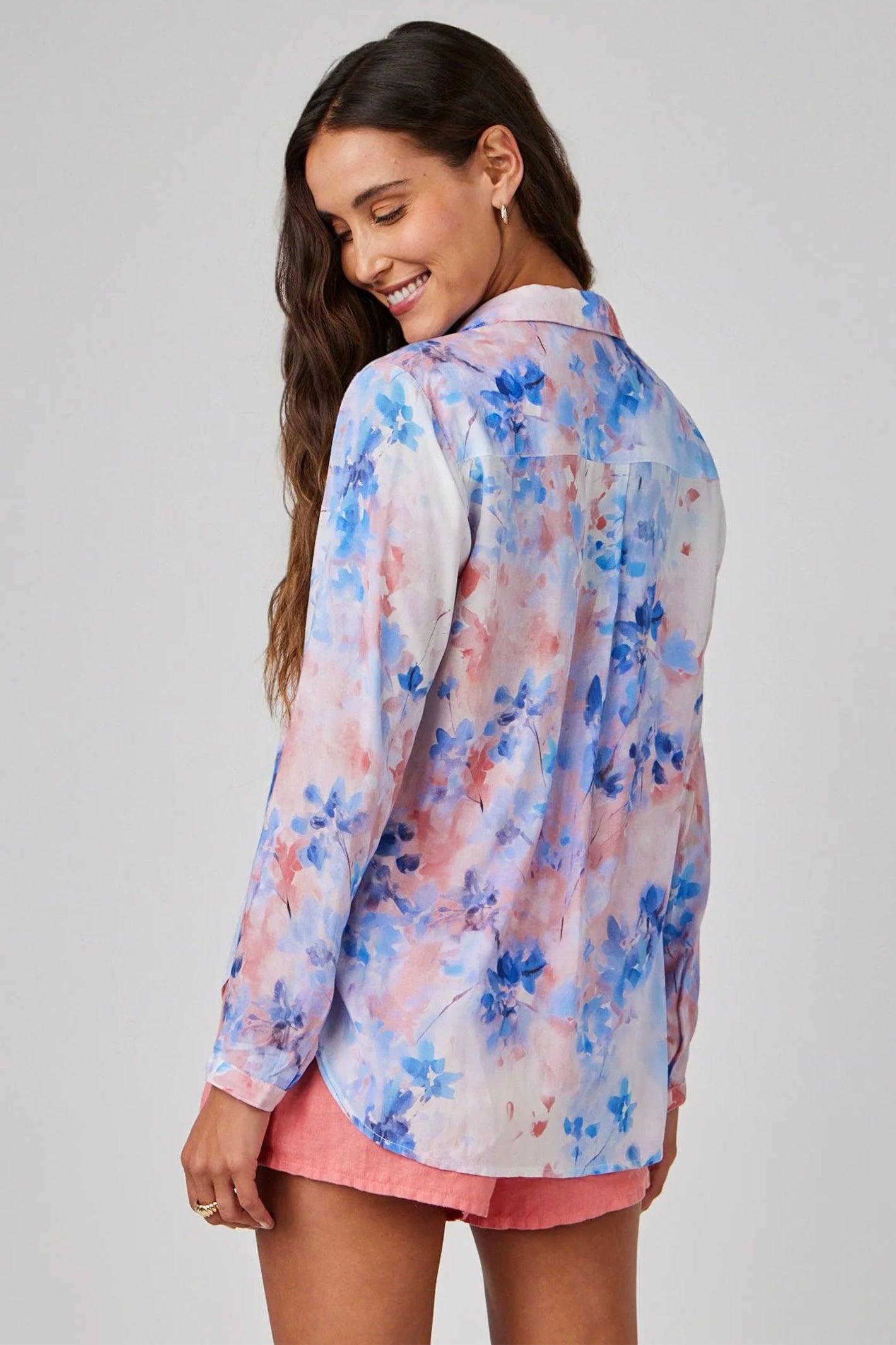 Bella Dahl B4478-H72-304 Blue Garden Mist Print Full Button Down Hipster Shirt
