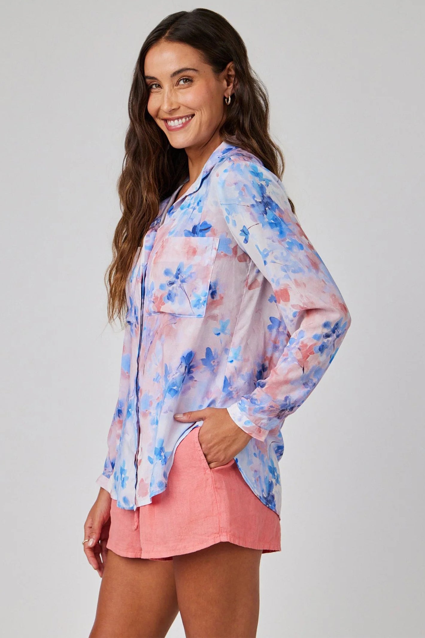 Bella Dahl B4478-H72-304 Blue Garden Mist Print Full Button Down Hipster Shirt