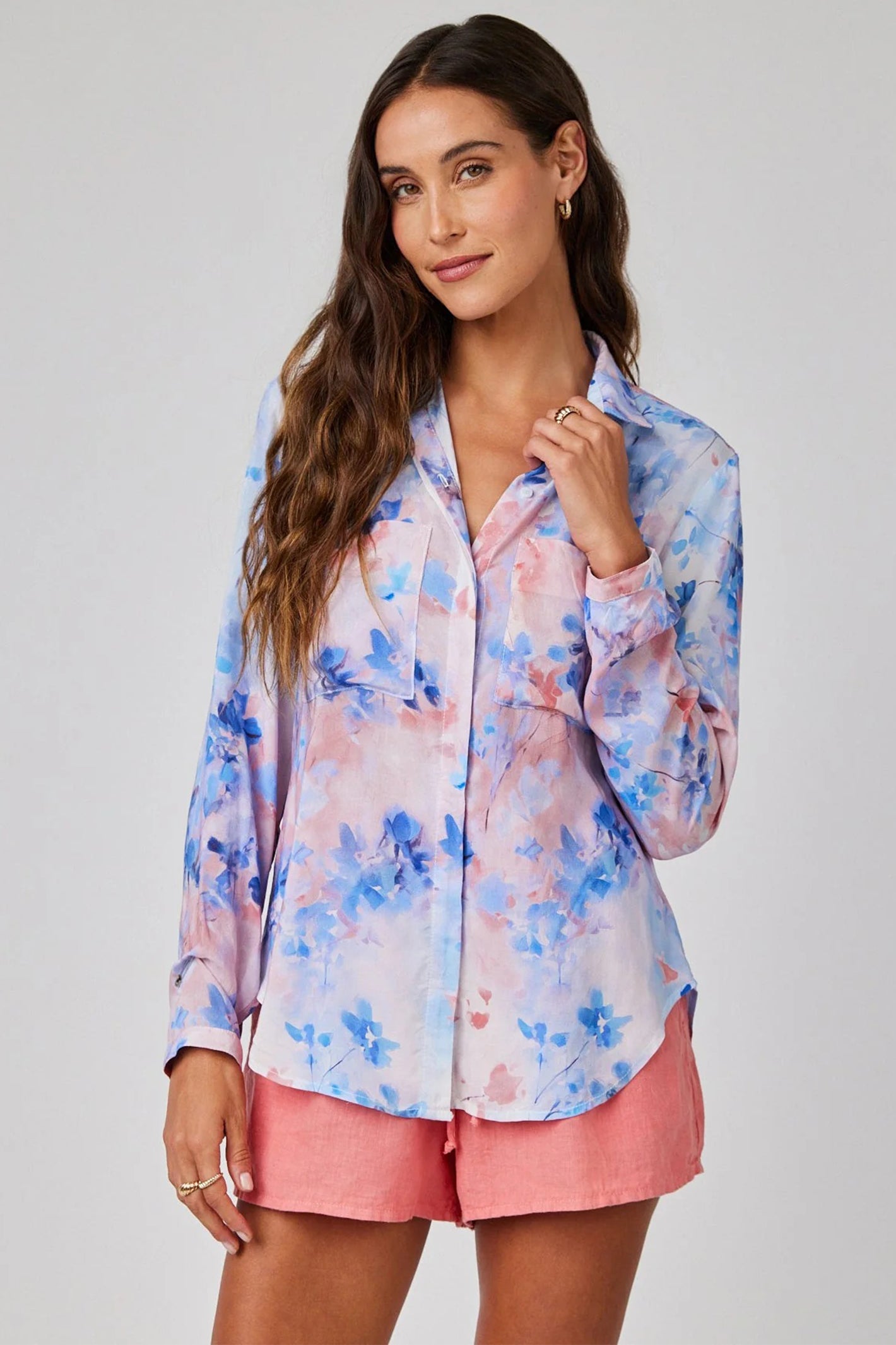 Bella Dahl B4478-H72-304 Blue Garden Mist Print Full Button Down Hipster Shirt