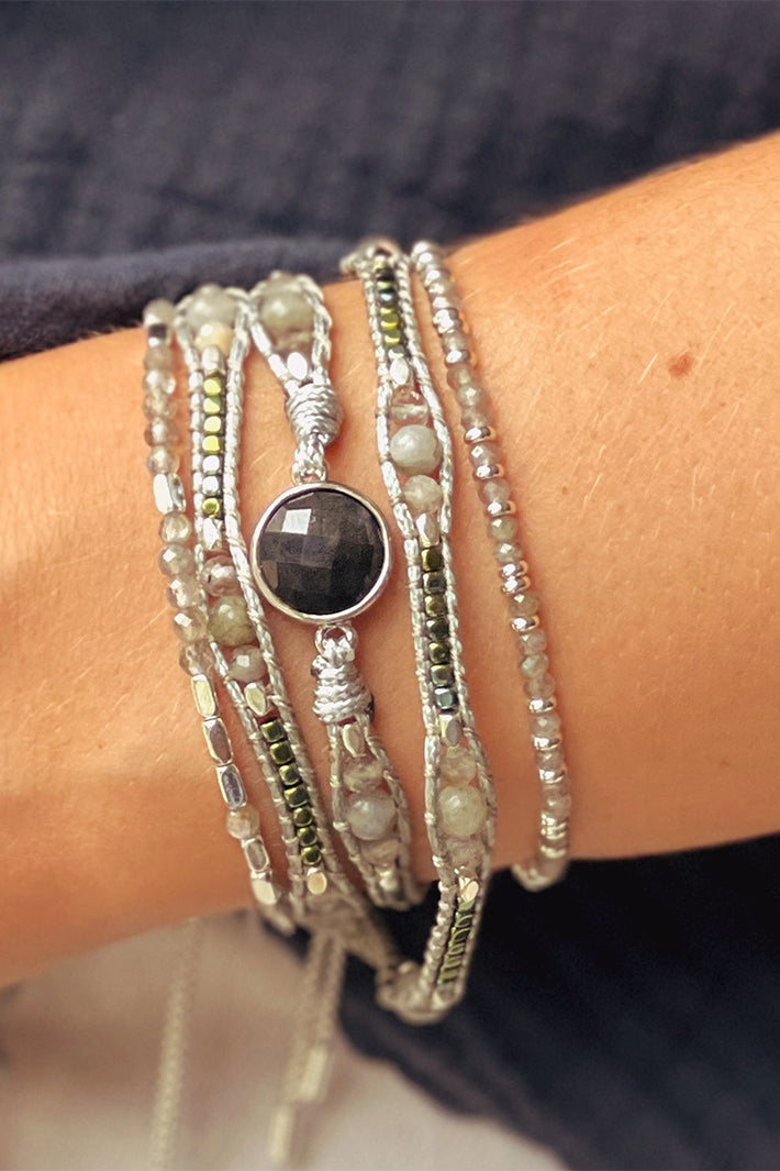 Boho Betty America Grey Silver Gemstone 3 Wrap Bracelet TSVSLCRY No.29, styled