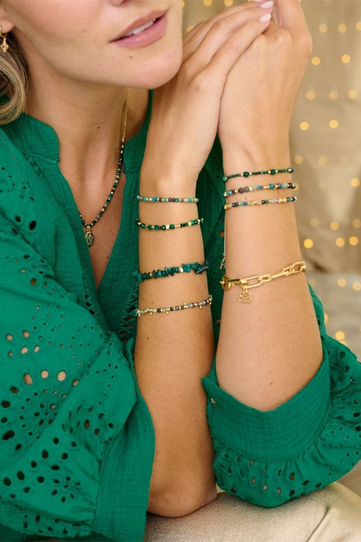 Boho Betty Bliss Azurite Green Gold Slider Bracelet BRBAZGLD No.63, styled