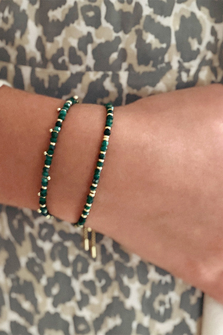Boho Betty Mystical Malachite Green Gold Slider Bracelet BRWMMGDVB No.64, styled