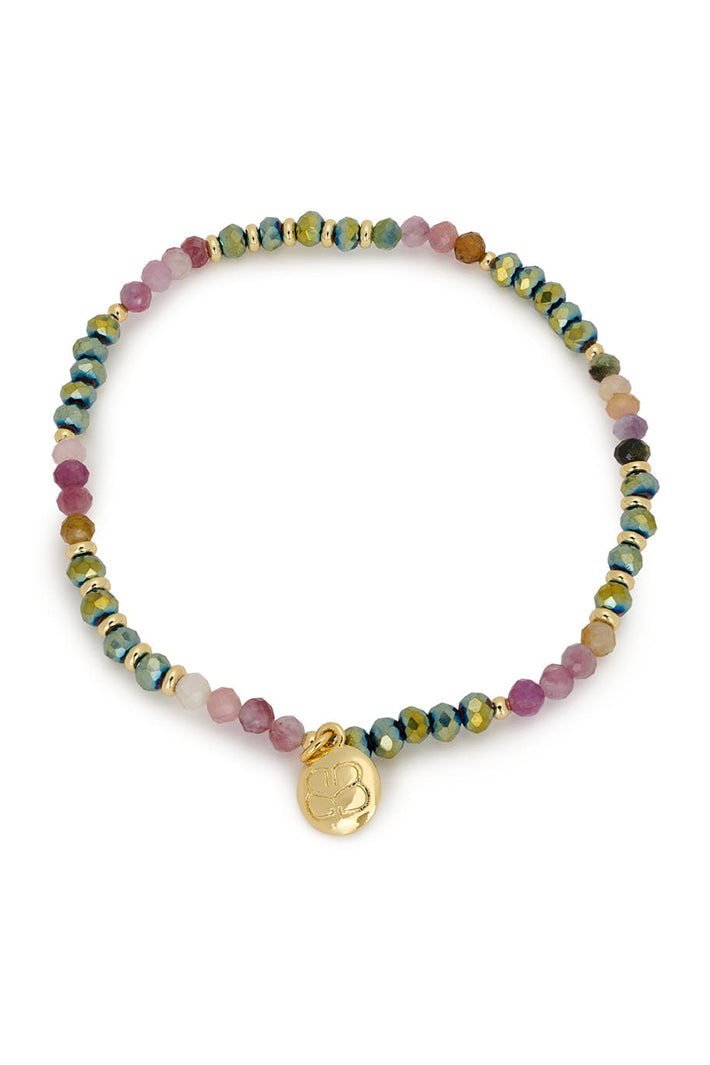 Boho Betty Olive Tourmaline Multicolour Gold Stretch Bracelet BROLTGLD No.59, packshot