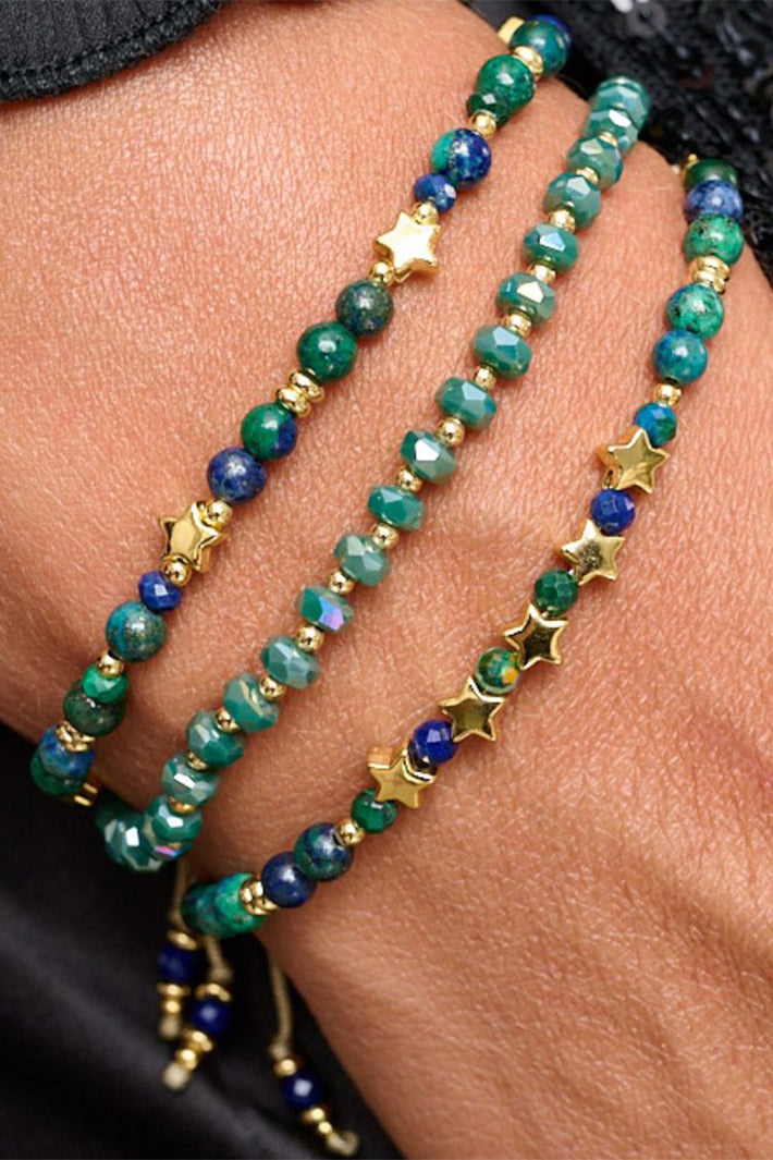 Boho Betty Prunus Green Gold Crystal Stretch Bracelet BBSTABEGLD No.75, styled