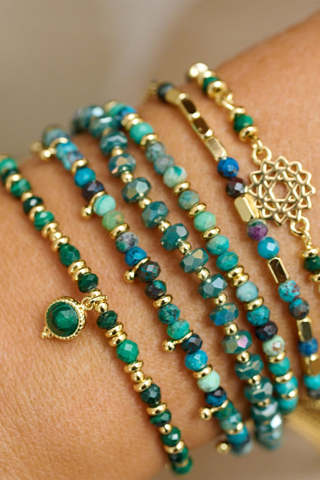 Boho Betty Prunus Green Gold Crystal Stretch Bracelet BBSTABEGLD No.75, styled