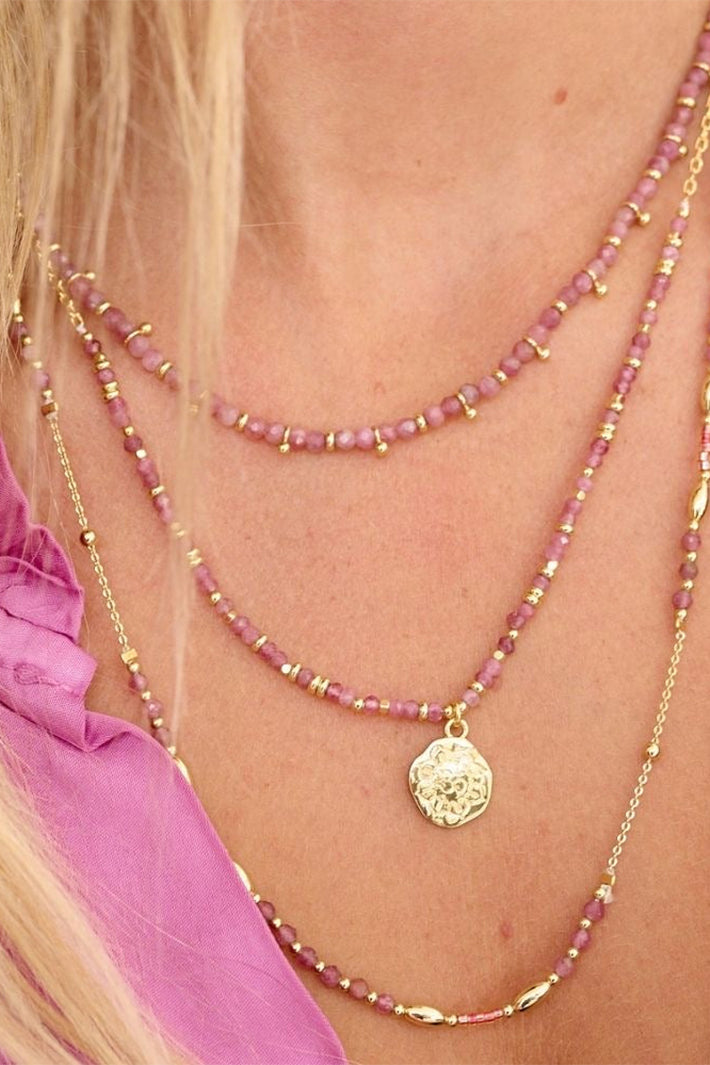 Boho Betty Salus Pink Tourmaline Gold Necklace NLWEPTGDVB No.54, styled