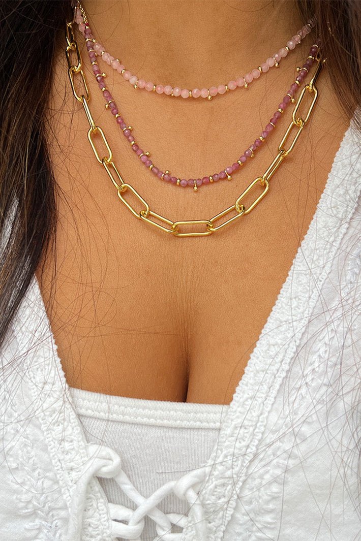 Boho Betty Salus Pink Tourmaline Gold Necklace NLWEPTGDVB No.54, styled
