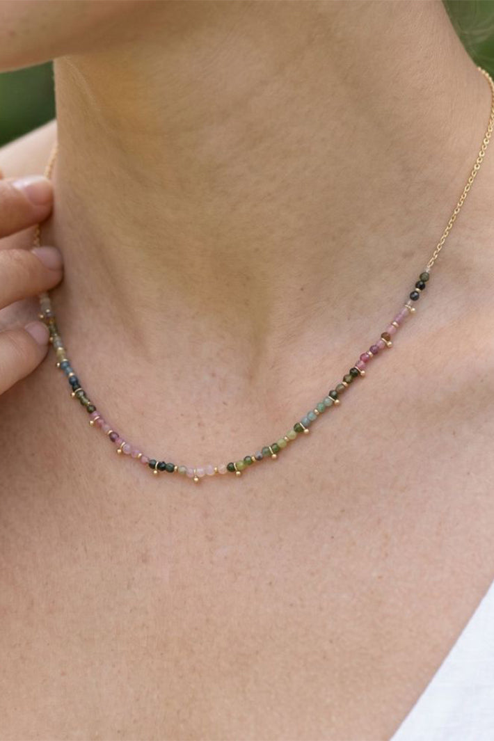 Boho Betty Salus Tourmaline Multicolour Gold Necklace NLWETOGLD No.50, styled