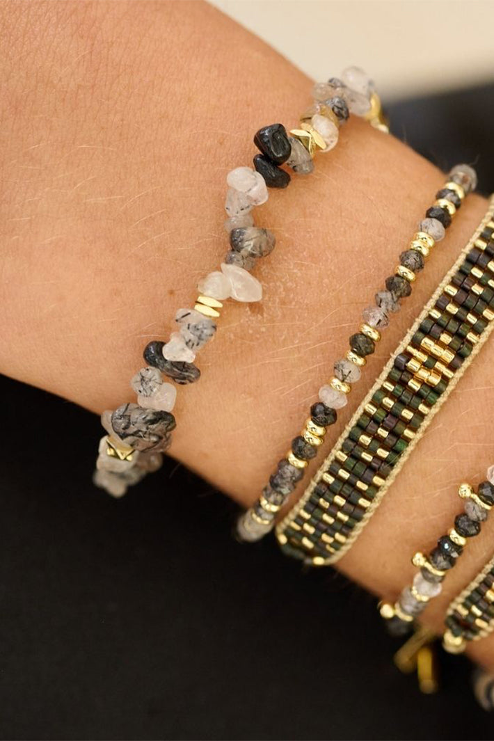 Boho Betty Sana Black Rutilated Quartz Grey Gold Stretch Bracelet BRRCBRGLD No.73, styled