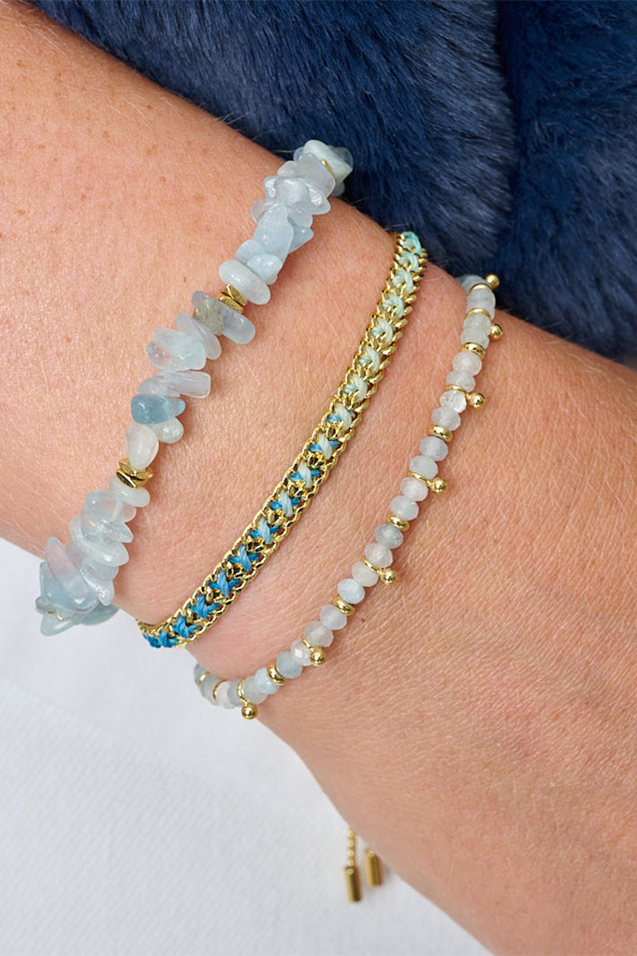 Boho Betty Sana Blue Lace Agate Gold Stretch Bracelet BRRCBLAGLD No.67, styled