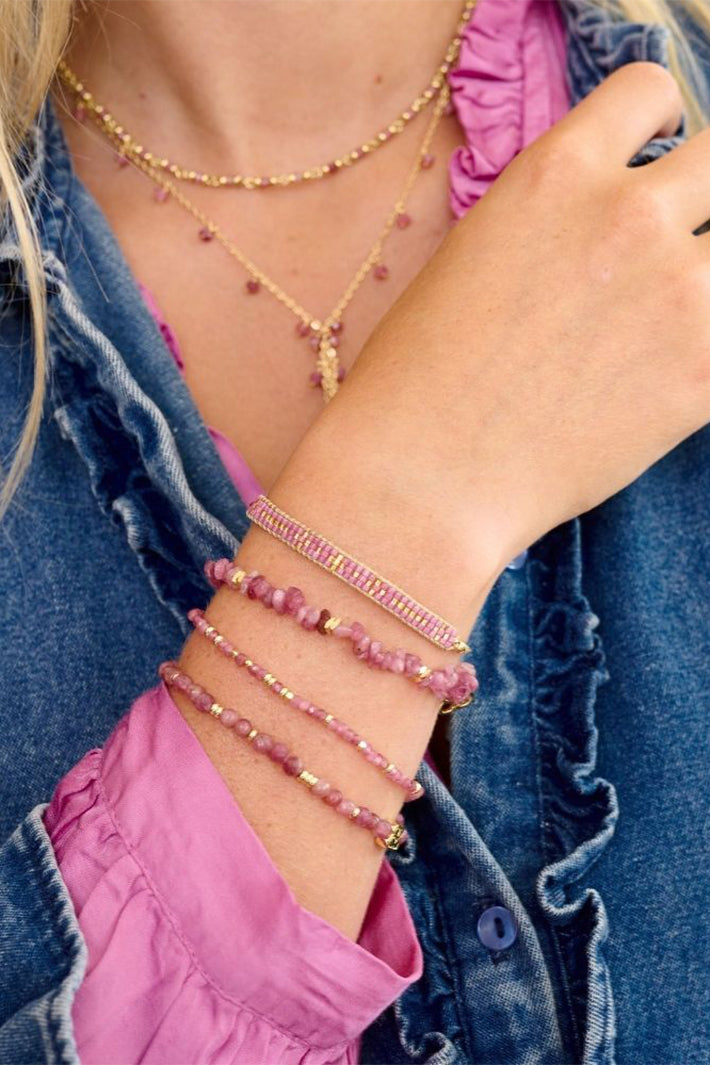 Boho Betty Sana Pink Tourmaline Gold Stretch Bracelet BRRCPTGLD No.70, styled