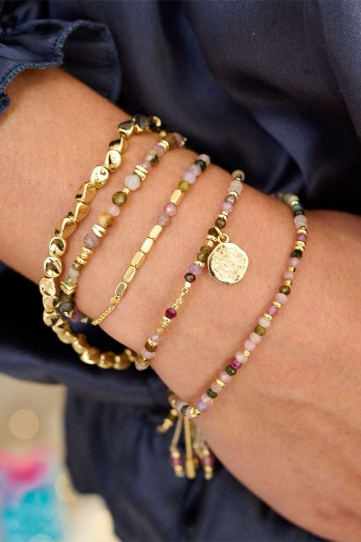 Boho Betty Wisdom Tourmaline Gold Morse Code Bracelet BRMCWGLD No.81, styled