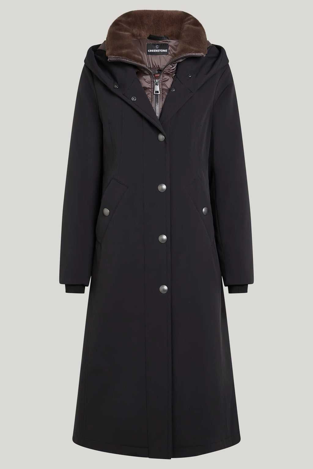 Black coat with fur-lined hood on a light gray background