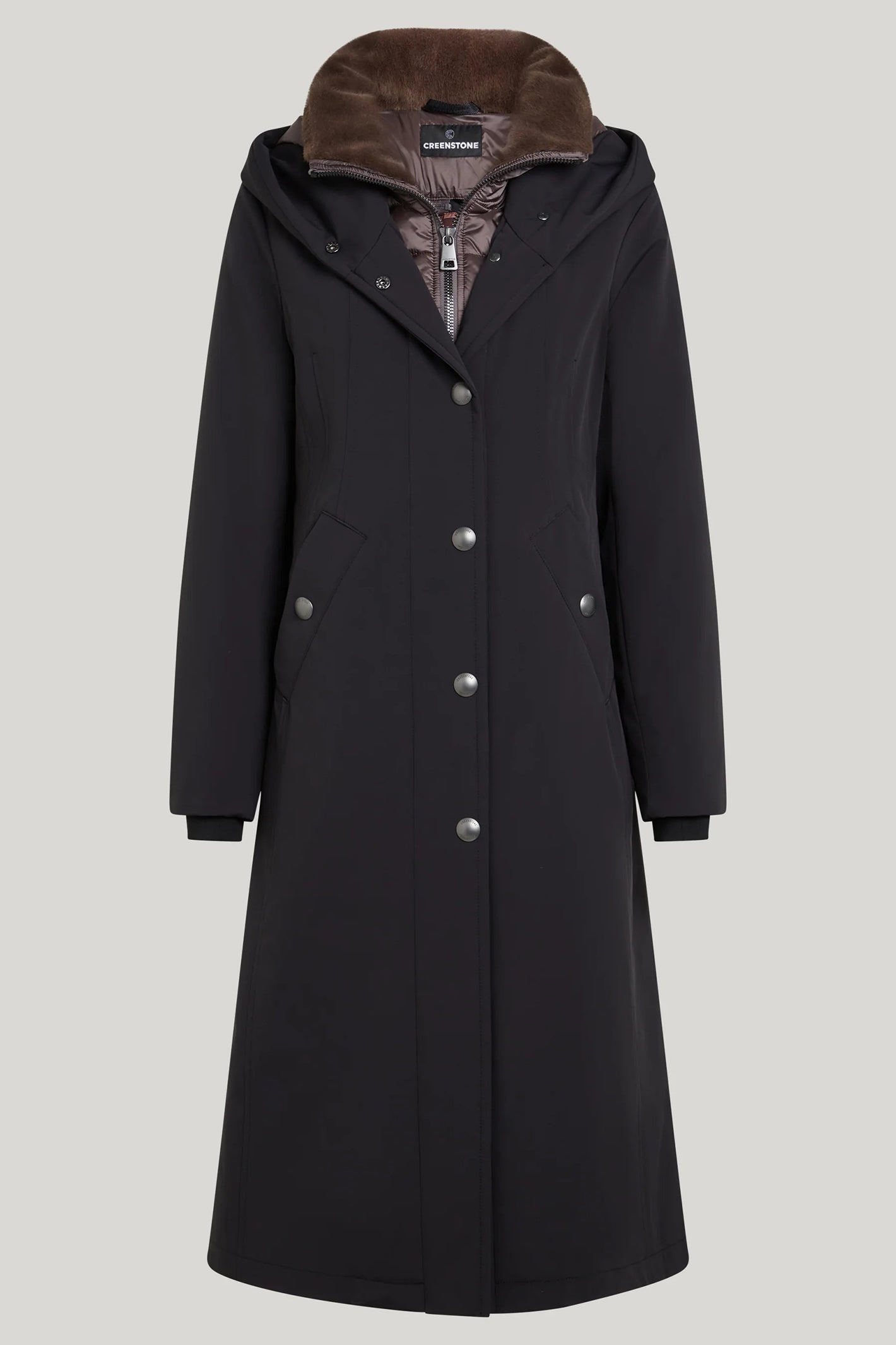 Black coat with fur-lined hood on a light gray background