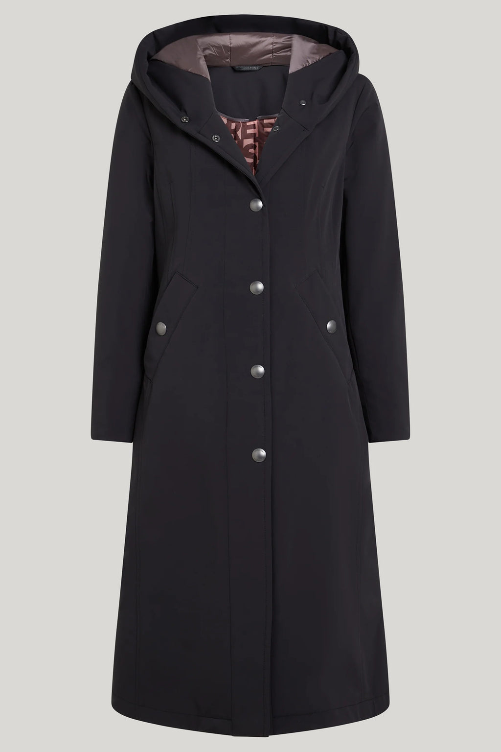 Black coat with silver buttons on a light gray background