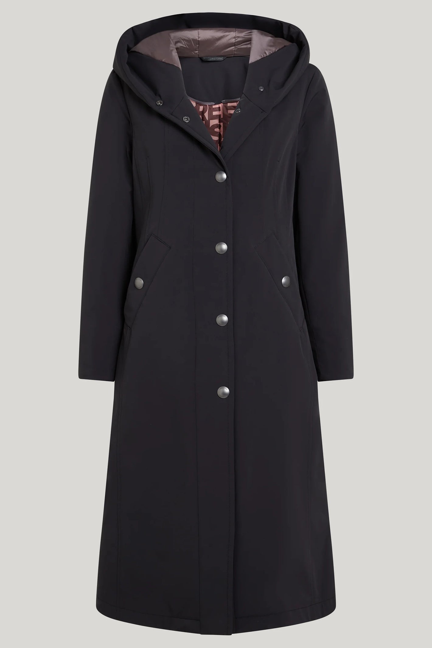 Black coat with silver buttons on a light gray background