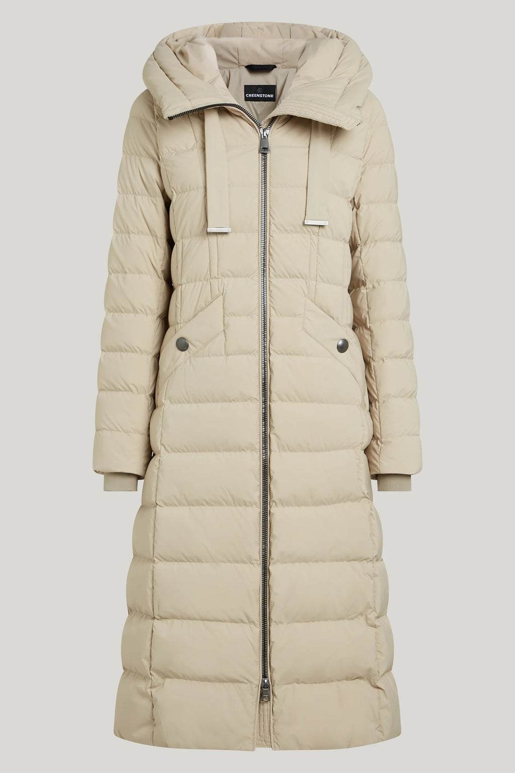 Beige puffer coat with a hood on a light gray background