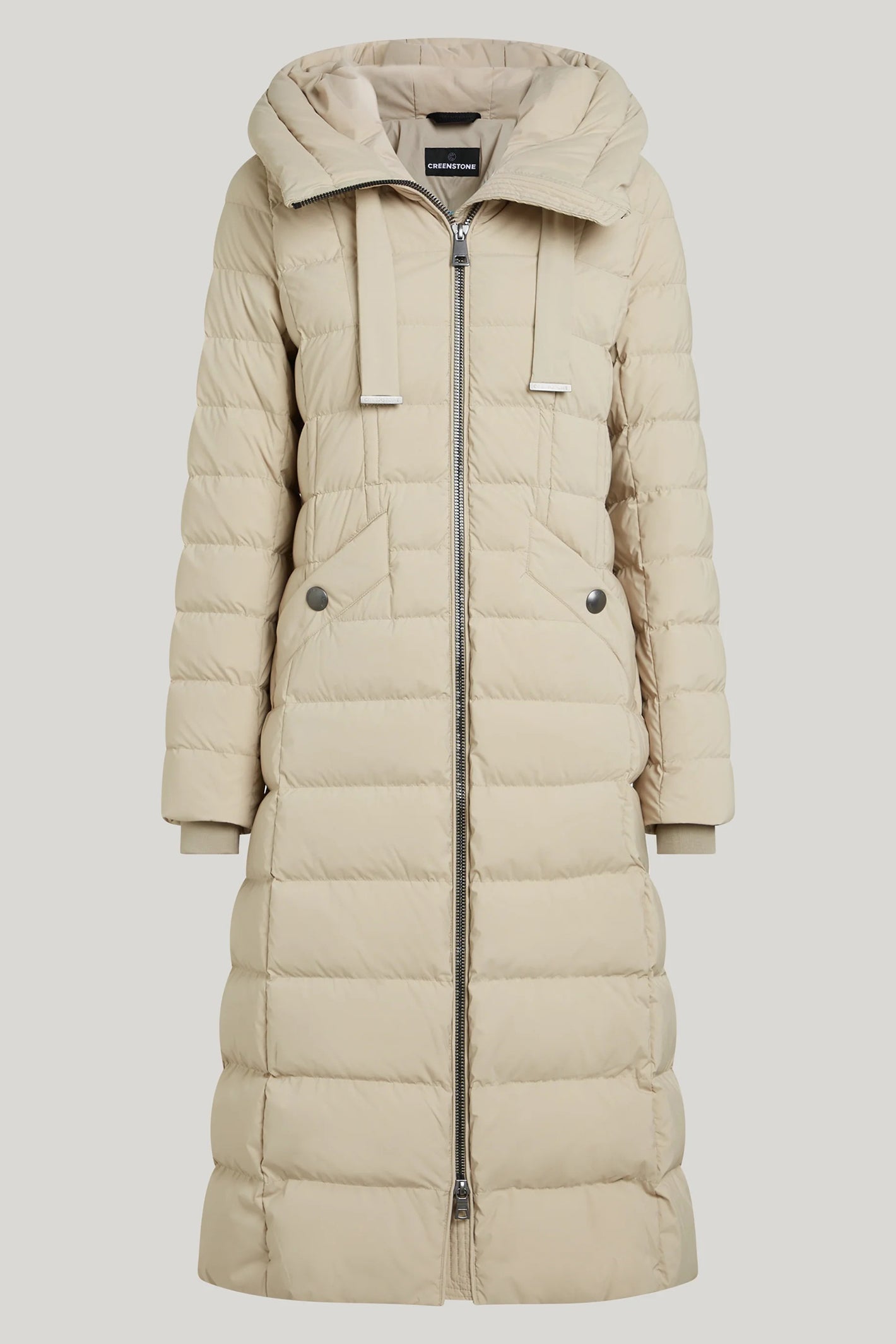 Beige puffer coat with a hood on a light gray background