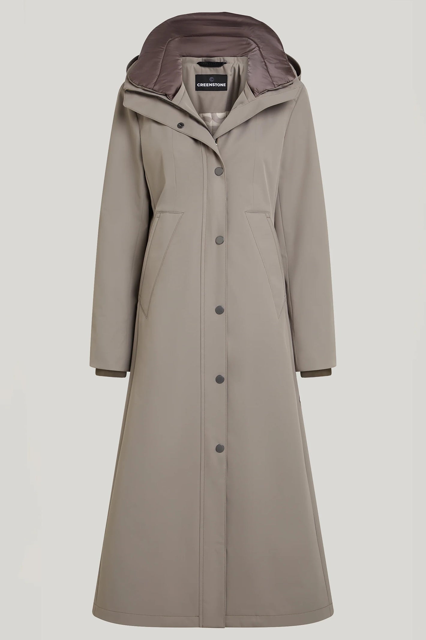 Long beige coat with a hood on a light gray background