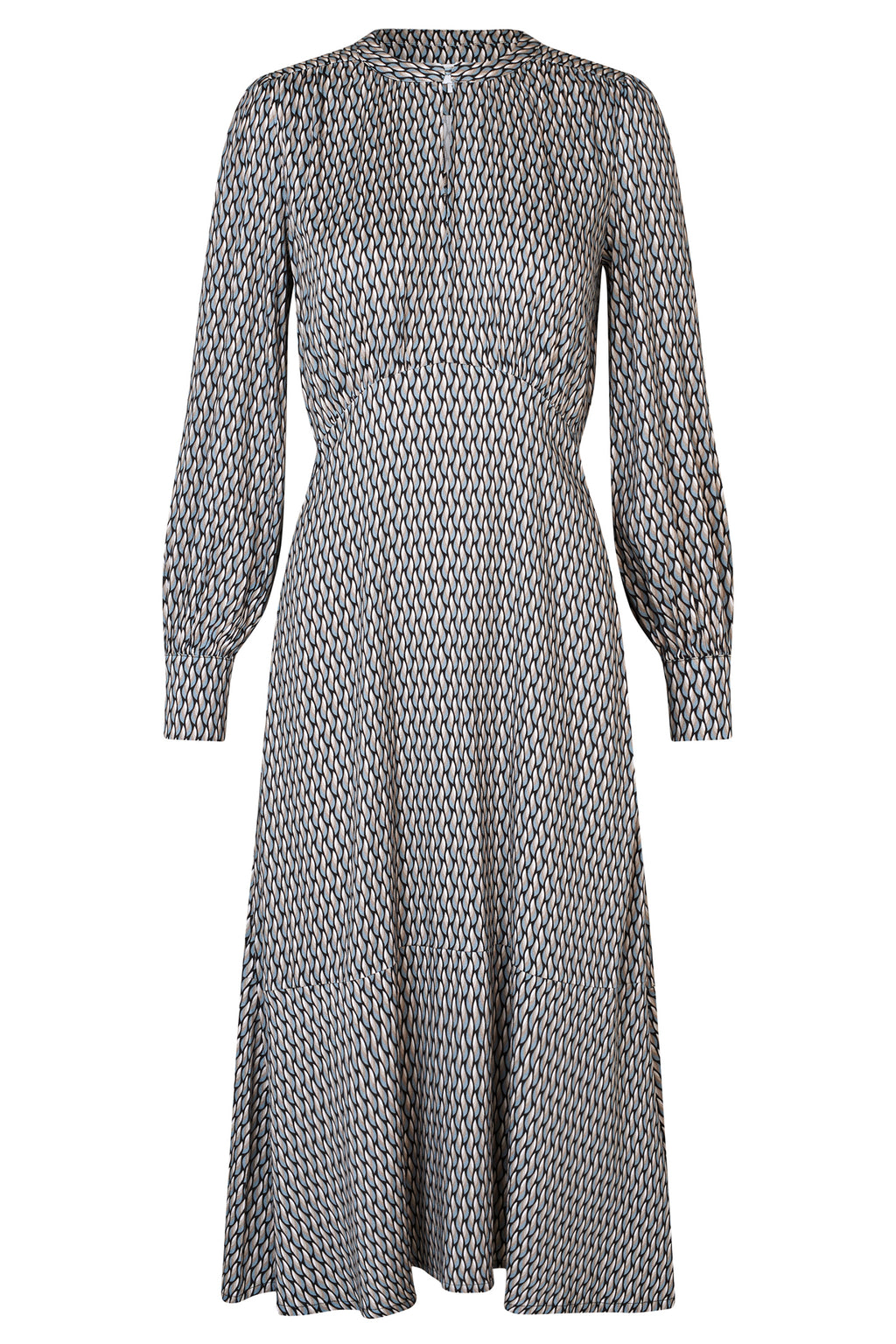 Long-sleeve dress with a geometric pattern on a white background