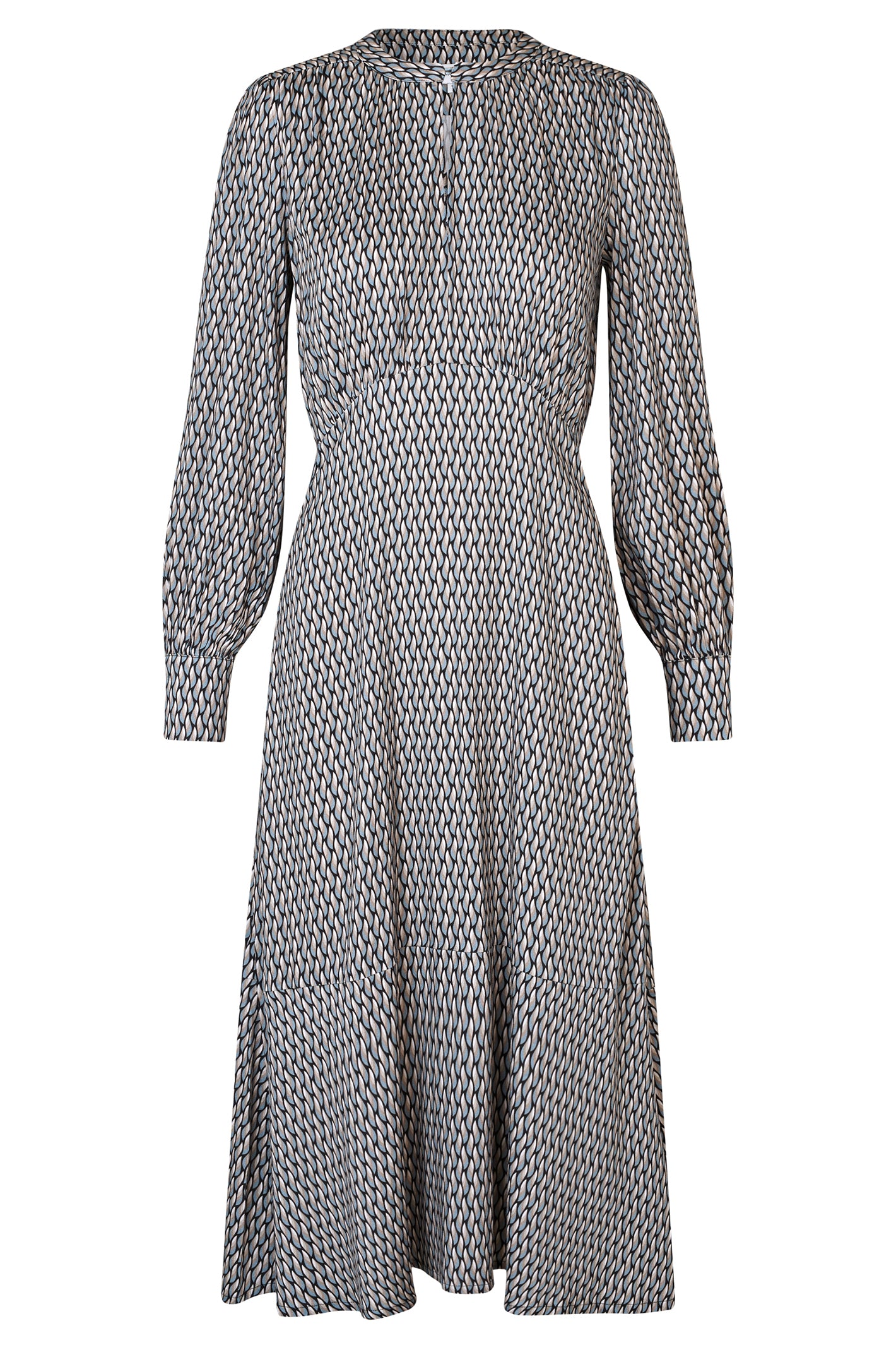 Long-sleeve dress with a geometric pattern on a white background