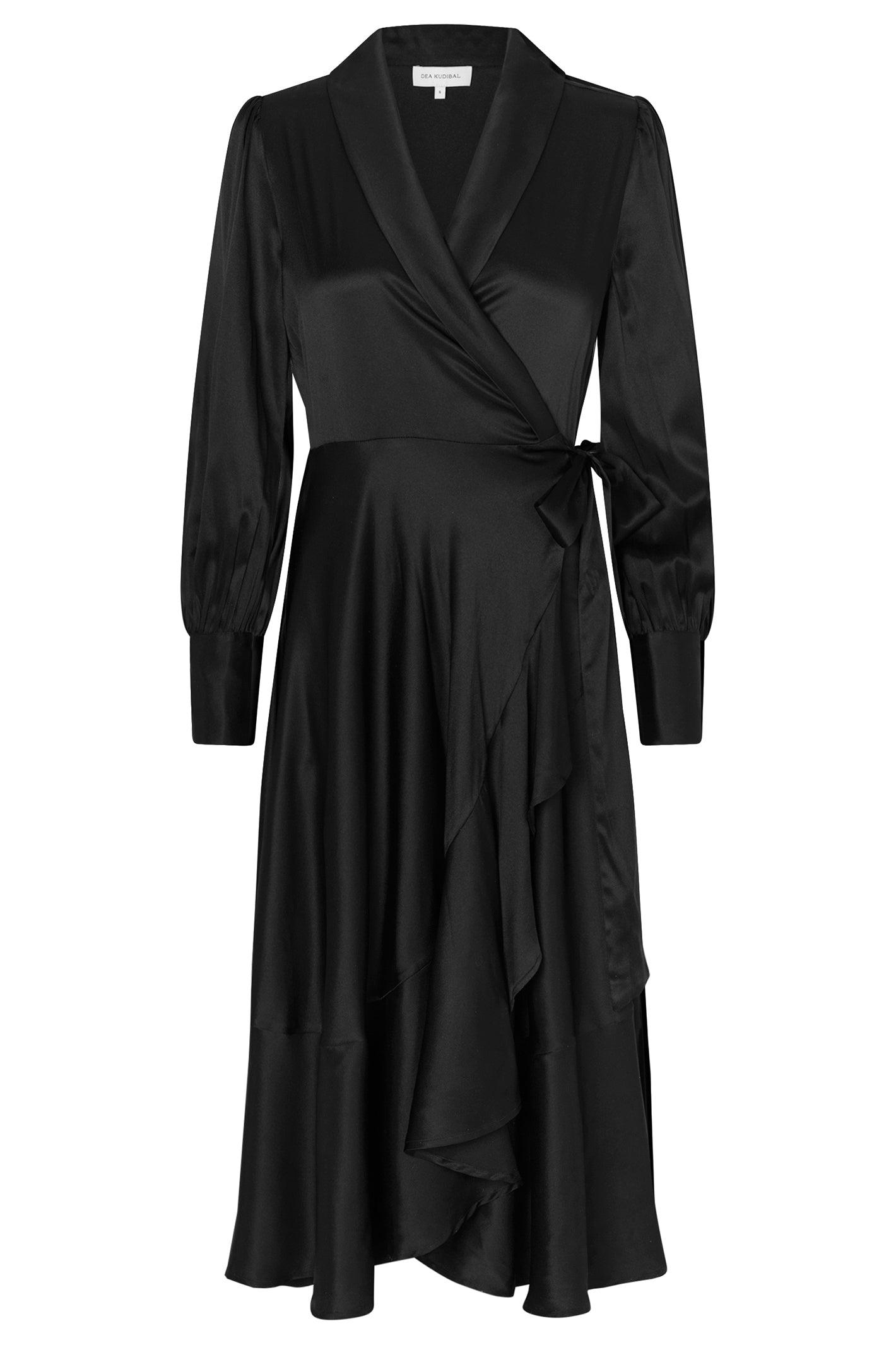 Black wrap dress with long sleeves on a white background