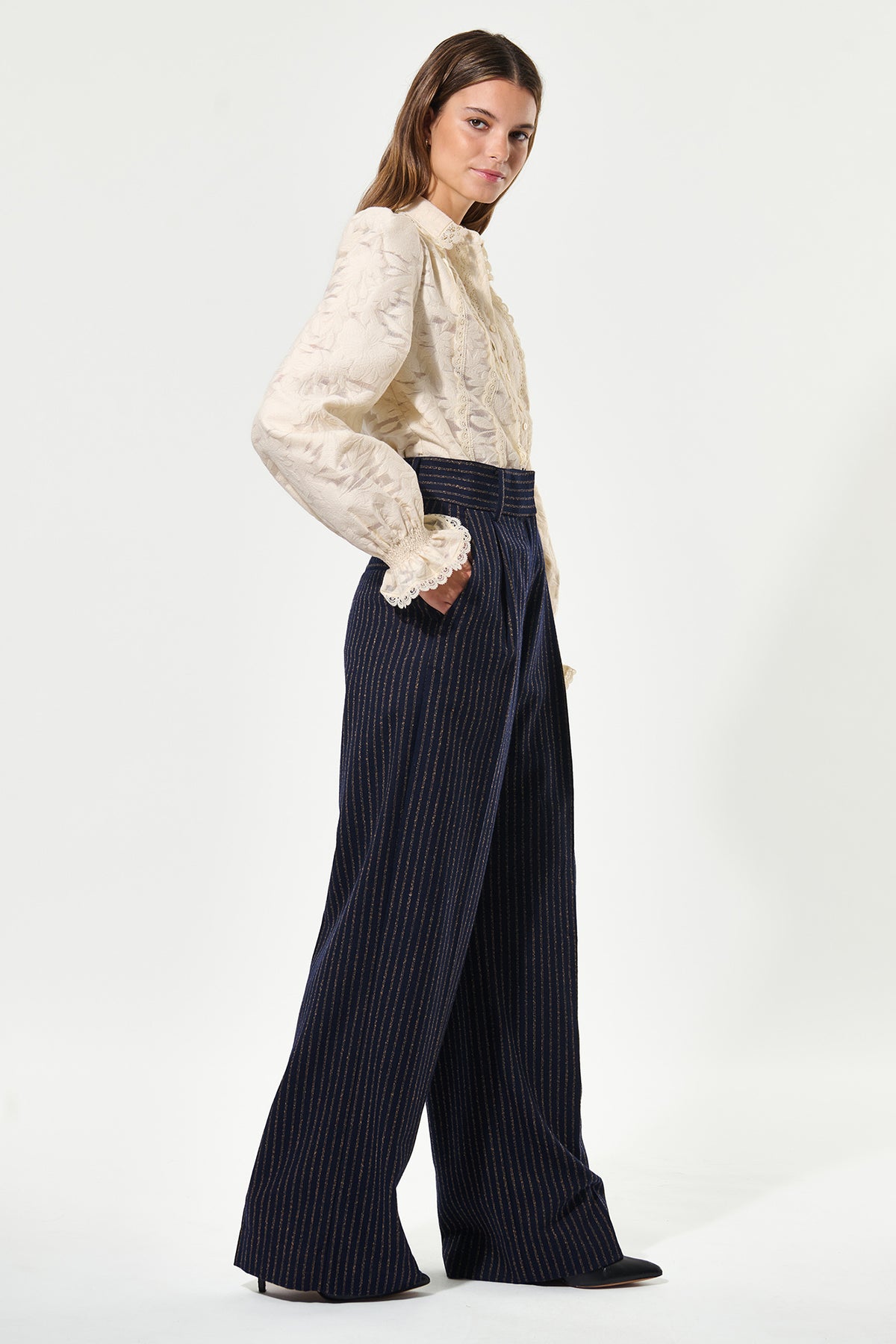 Dea Kudibal 1780725 CasitiaDEA Wide Leg Trouser Blue Pinstripe, full length view