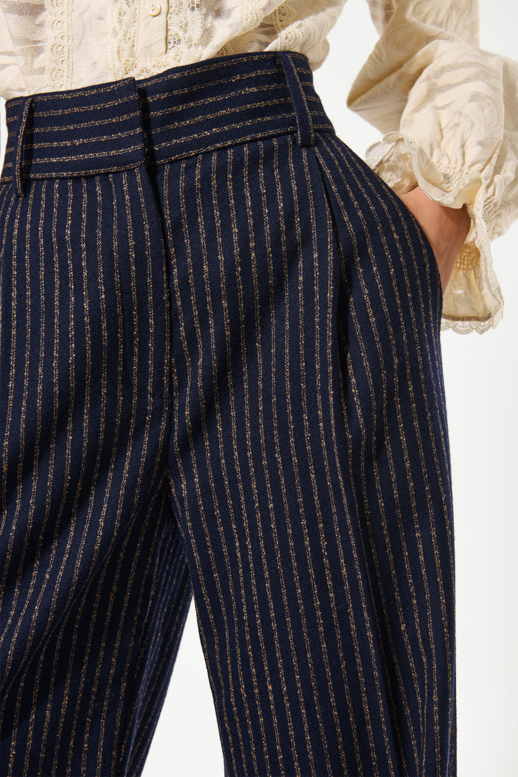 Dea Kudibal 1780725 CasitiaDEA Wide Leg Trouser Blue Pinstripe, waistband detail view
