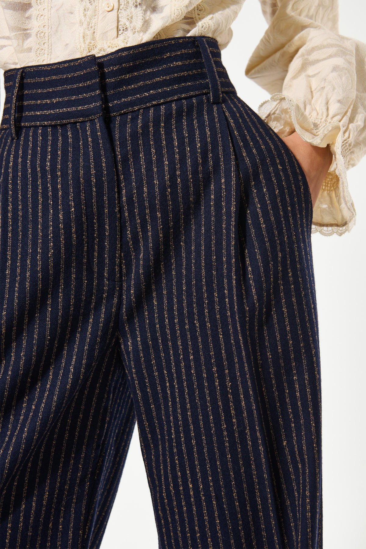 Dea Kudibal 1780725 CasitiaDEA Wide Leg Trouser Blue Pinstripe, waistband detail view