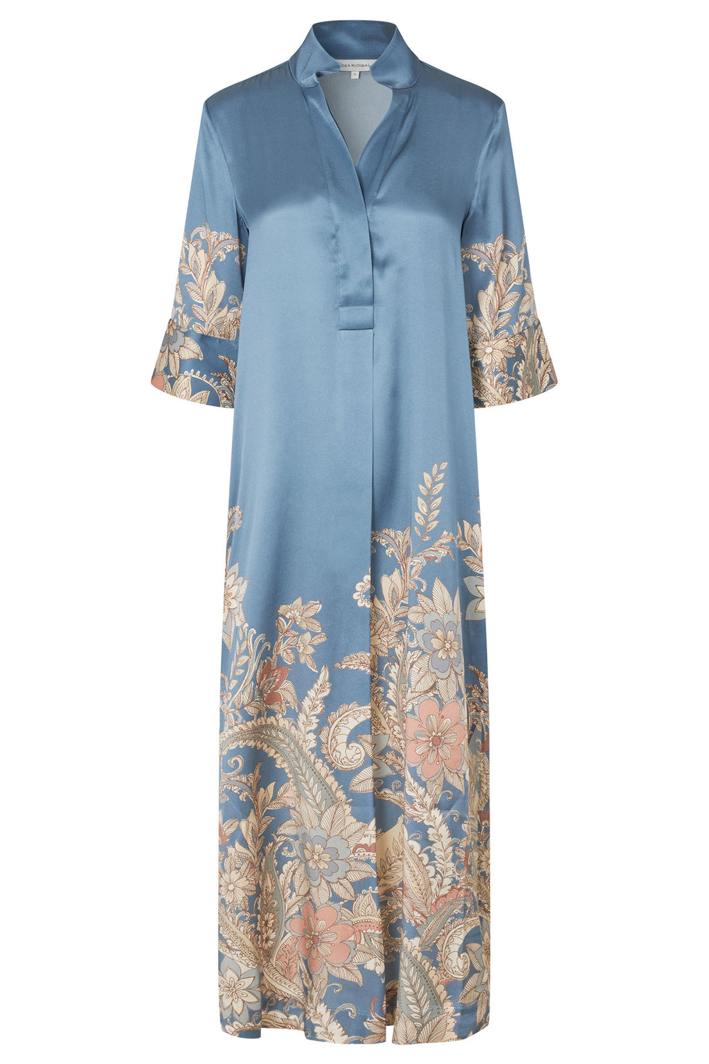 Blue dress with floral patterns on a white background