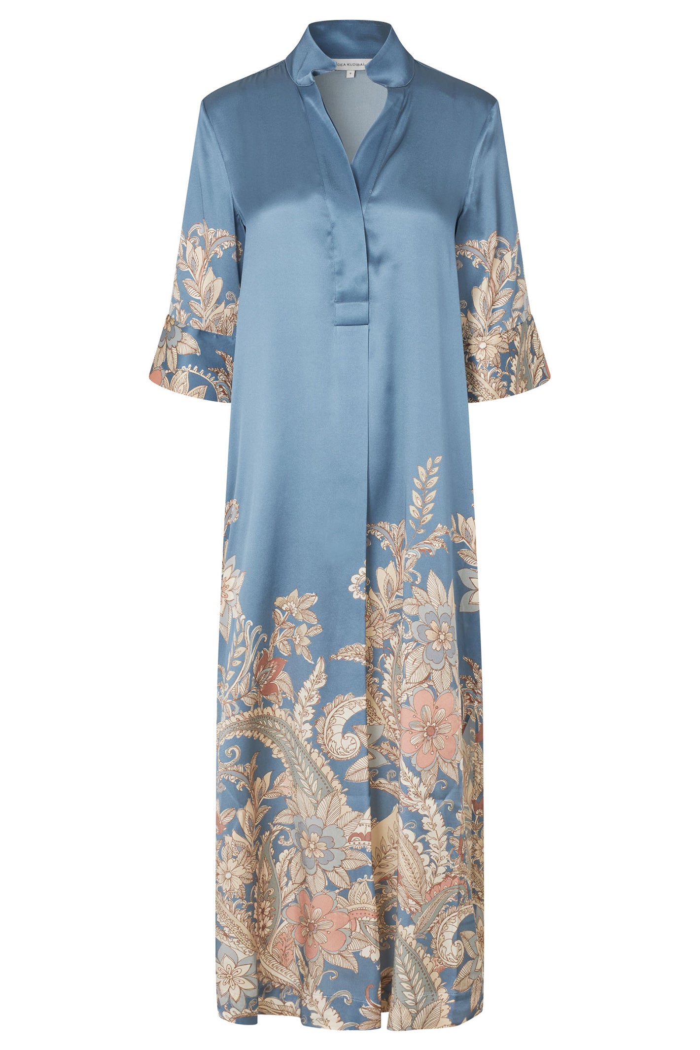 Blue dress with floral patterns on a white background