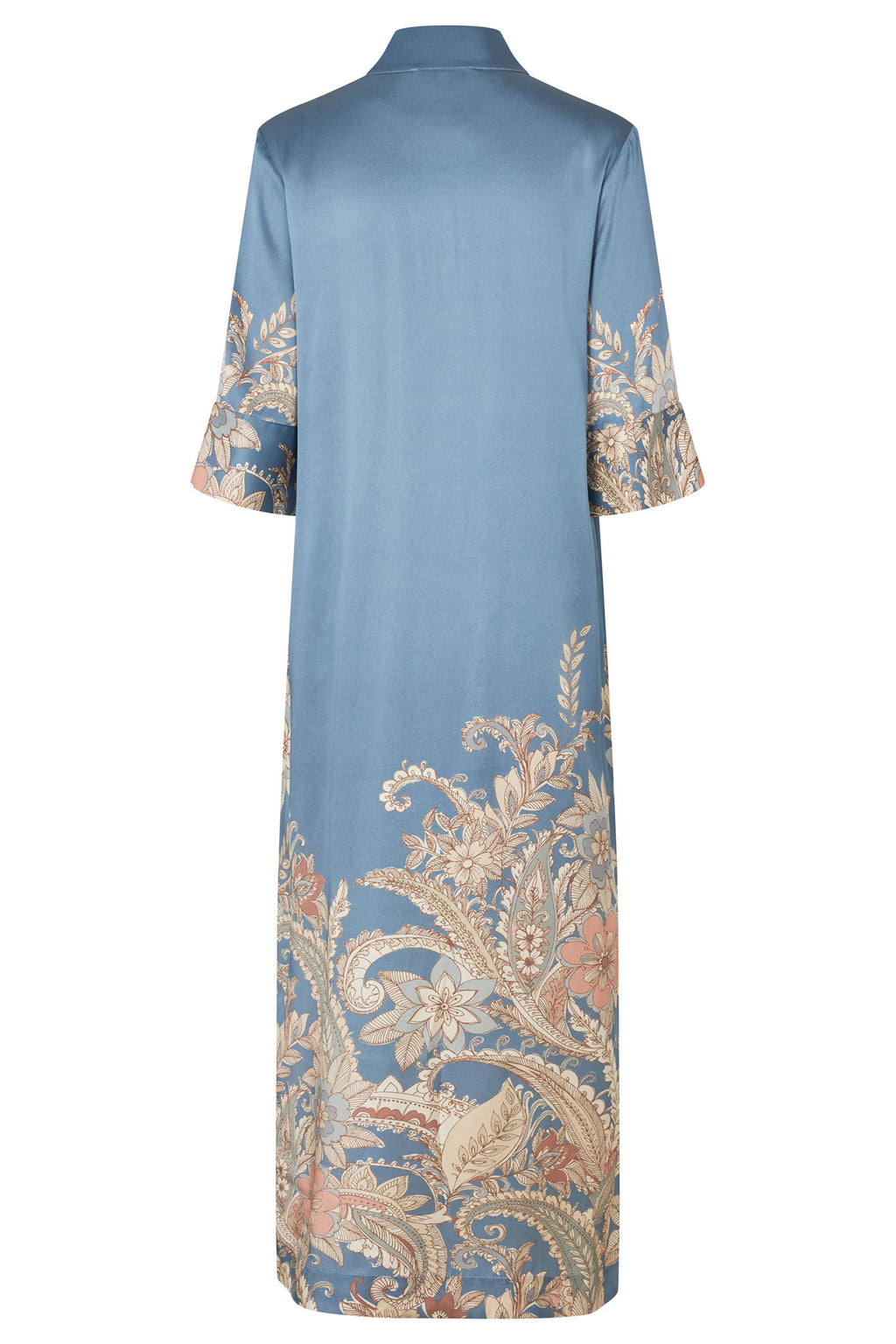 Long blue dress with floral patterns on a white background
