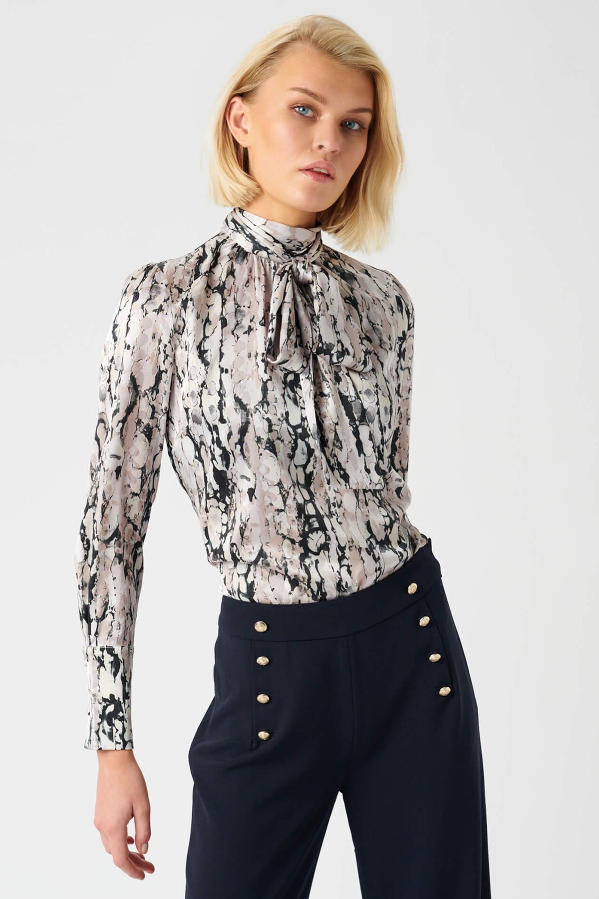 Dea Kudibal Elsa Bark Blouse with Tie Silk Multi Grey, front view