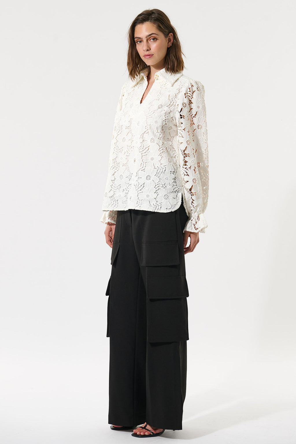 Dea Kudibal RikkaDEA 0570125 Natural White Lace Blouse, styled full length view