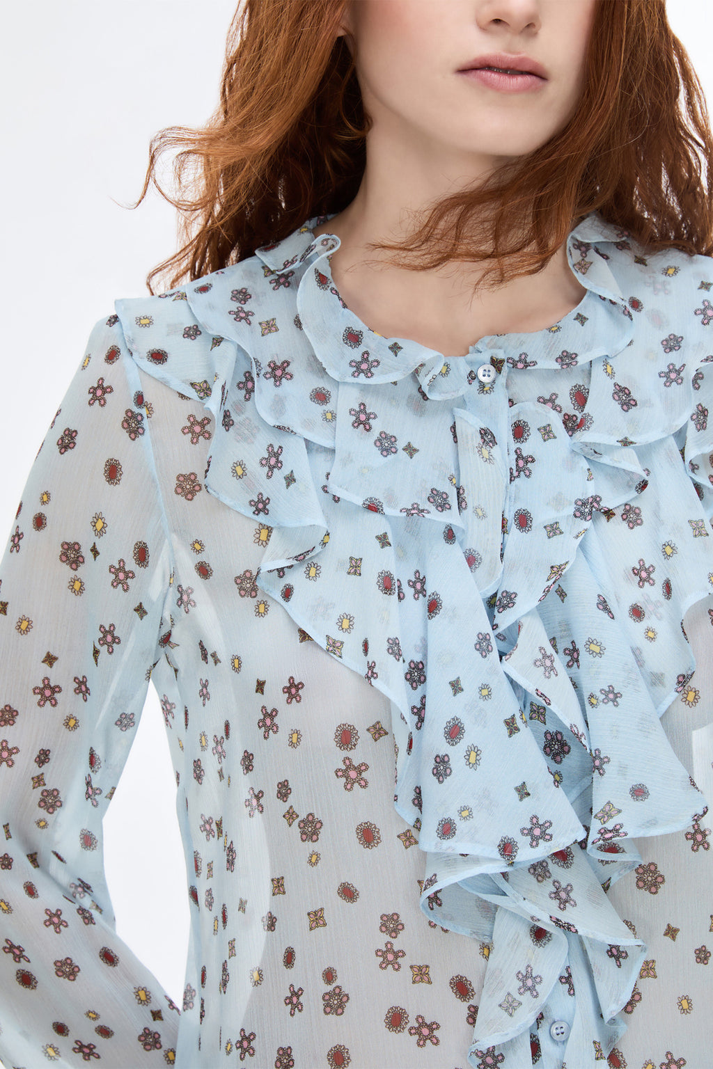IBLUE IBLAEROSI Shirt Blue Pattern, ruffle and neckline detail