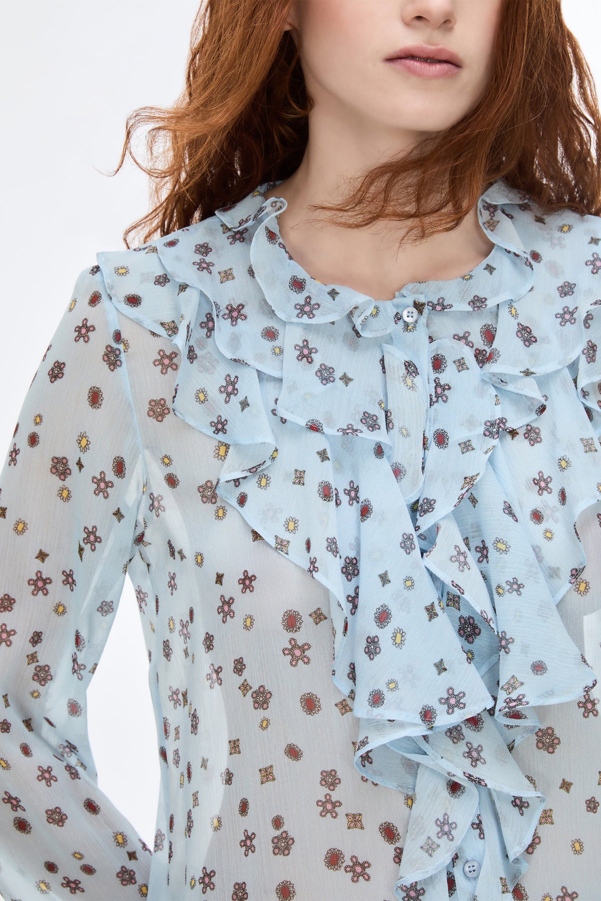 IBLUE IBLAEROSI Shirt Blue Pattern, ruffle and neckline detail