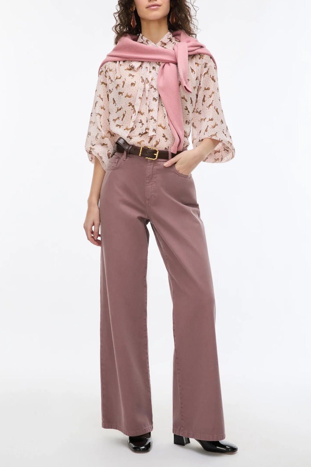 IBLUE IBLSECOLO Pink Tiger Blouse, full length styled with mauve wide leg denim