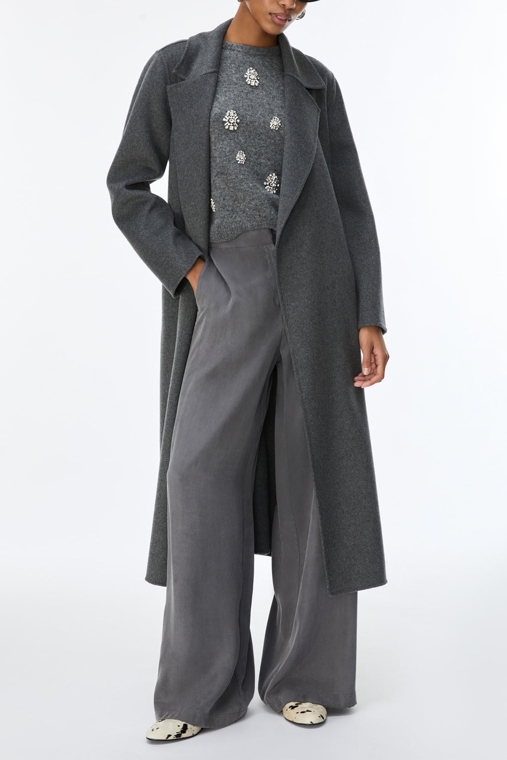 IBLUES IBLABILE Dark Grey Wool Coat, front view worn open