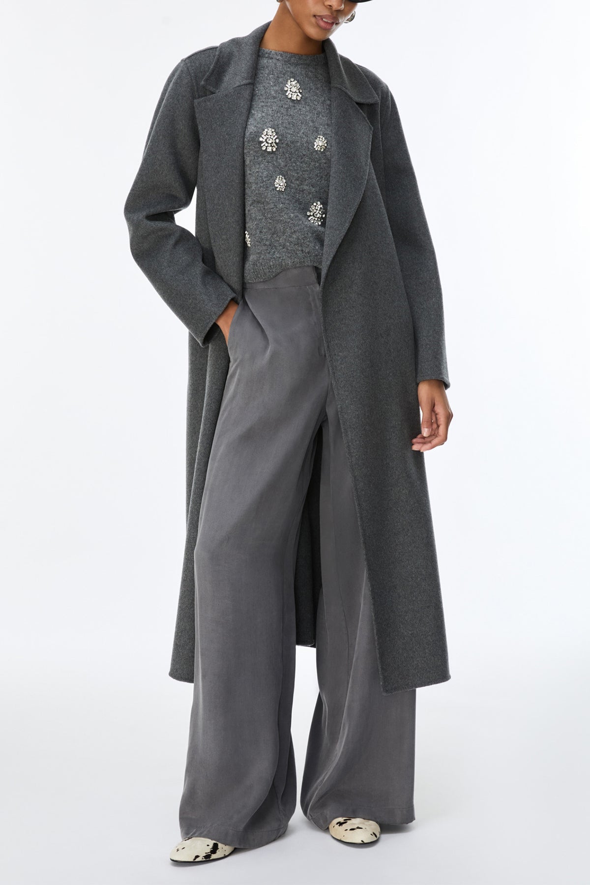 IBLUES IBLABILE Dark Grey Wool Coat, front view worn open