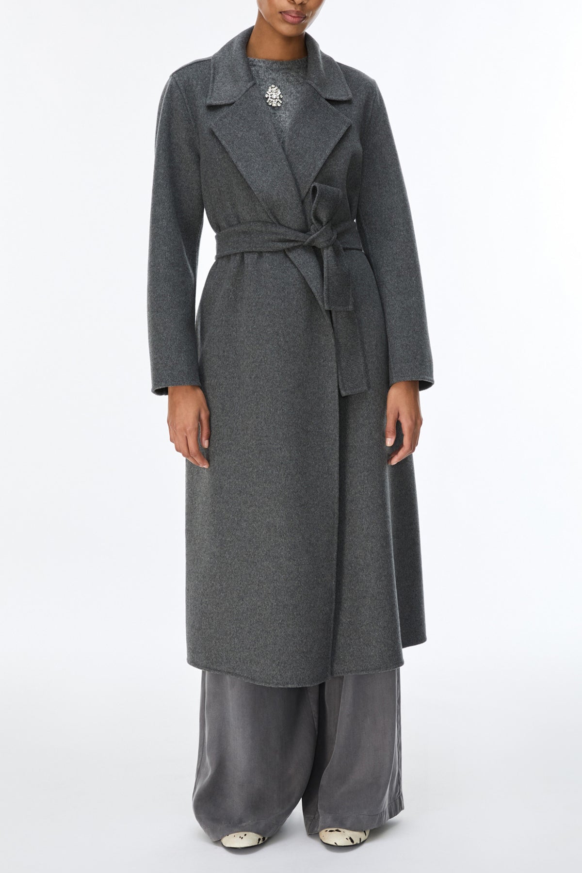 IBLUES IBLABILE Dark Grey Wool Coat, front view belted at the waist